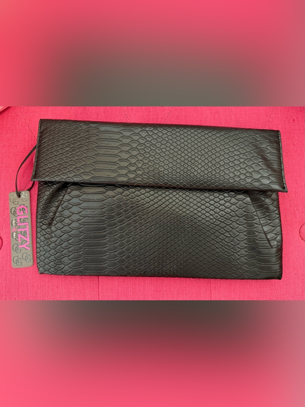 Black Faux Snake Foldover Clutch